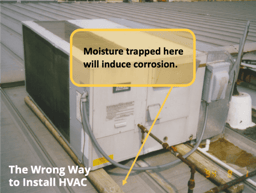 ¡S-5! Forma incorrecta de instalar HVAC - La imagen muestra cómo el montaje de techos metálicos con madera puede favorecer que la humedad quede atrapada e inducir la corrosión-min