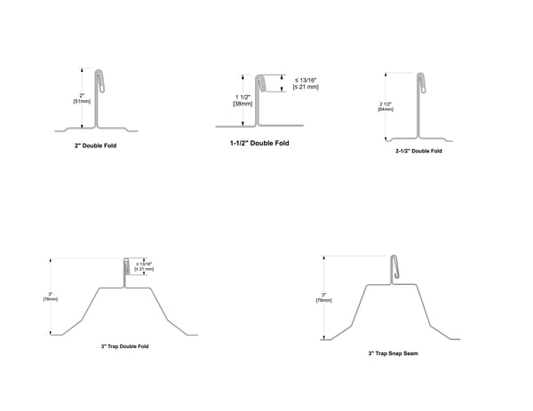 illustration of various S-5 U and mini seam profiles with dimensions