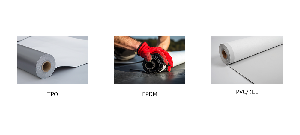 Three single-ply roofing membranes: TPO roll, EPDM being installed, and PVC/KEE roll for commercial flat roofs.